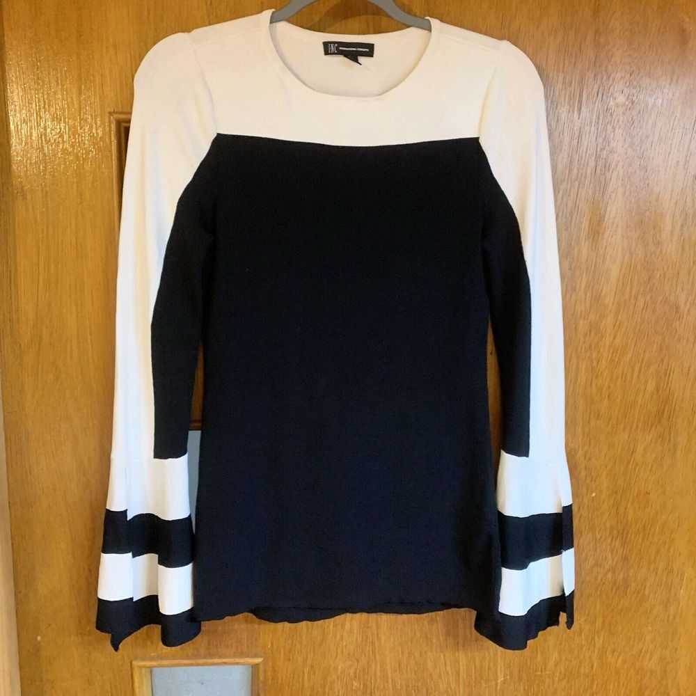 International Concepts INC (S) Top - Blouse Black White Bell Flare Sleeve Stripe